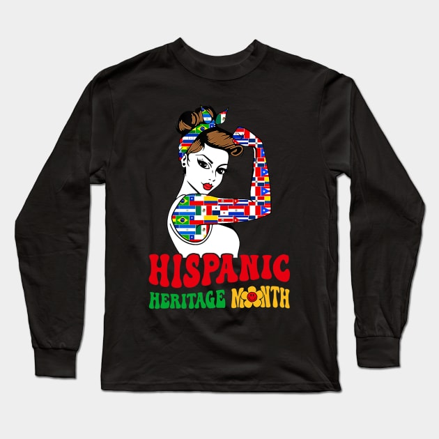 Groovy Hispanic Heritage Month Woman Latino Countries Flag Long Sleeve T-Shirt by Eleam Junie